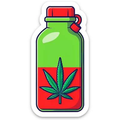 bright red gasoline canister surrounded by a banana, an apple, grapes, and a cannabis leaf, red fuel can with fruits and marijuana leaf arranged around it sticker
