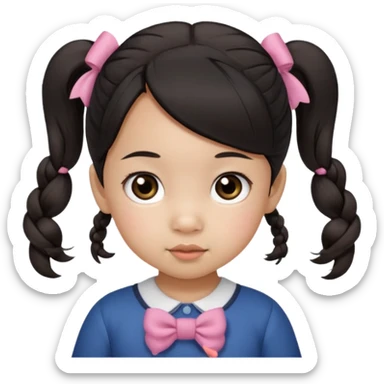 mixed toddler girl asian and american with bow pigtails, dark brown/black hair with big brown eyes emoji sticker