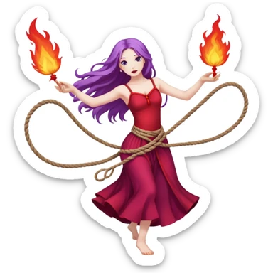 Full body rope Poi fire dance performer pale skin with long purple hair red dress sticker