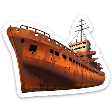 rusted ship wreck, heavily corroded metal hull, orange-brown rust textures, abandoned old ship, weathered surface, dramatic lighting, cinematic atmosphere, 3D cartoon style, mobile game environment art, clean composition, no people, no text, no watermark
 sticker