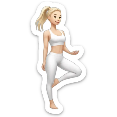 Pale skinned fit woman In a white tight yoga suit With ash blonde hair in a ponytail and gray eyes doing yoga sticker