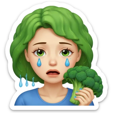 Woman crying eating broccoli. make tears blue color sticker
