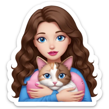 girl with long wavy brown hair, blue eyes, long lashes makeup, sexy pink lips, cuddling with 6 cats sticker