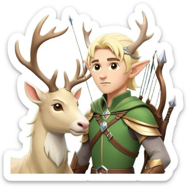 clash-of-clans-aesthetic-blond-male elf-archer-portrait-emoji, rendered in a flat, vector-style with minimal shading and bold holding his bow, simplified shapes, head tilted slightly forward with a determined, focused expression, riding a majestic white stag whose antlers glow with mystical energy, set against an ancient, enchanted forest backdrop. sticker