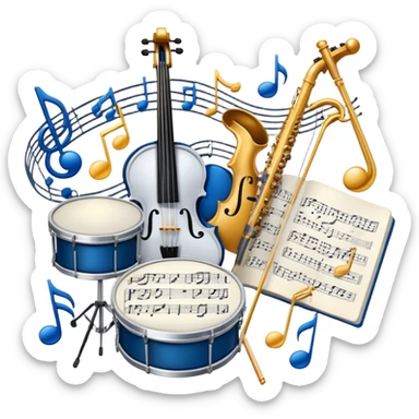 Create an artistic emoji that represents music arrangement and orchestration. The design should feature various orchestral instruments (drums, violin, electric guitar, synthesizer) and conductor's baton, musical scores. Incorporate flowing lines to represent harmony and orchestral balance, along with a subtle representation of sheet music. Use rich, classical colors like gold, silver, or deep blue, and create an atmosphere of sophistication and precision. The background should be transparent. sticker