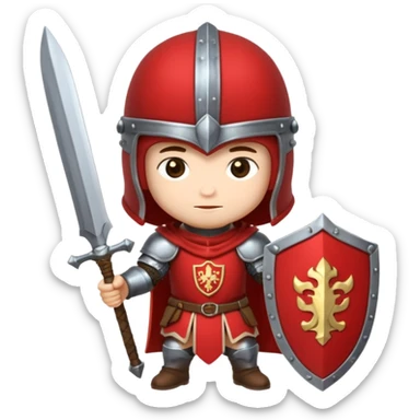 Um guerreiro estilo chibi/cartoon, vestindo armadura prateada brilhante, com capacete medieval e um penacho vermelho no topo. O personagem faz uma cara sério, chocado " :| ". O fundo é preto, destacando bem o personagem. sticker