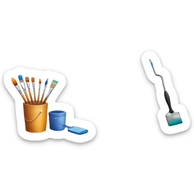 Create an icon that represents the hobby of wall painting, featuring a wall with a beautiful painting in progress. The design should include a paintbrush, a roller, and part of the wall decorated with colorful patterns or a mural. The icon should show the process of creating the artwork, with the brush strokes visible on the wall, symbolizing the artistic nature of the craft. The composition should be balanced and harmonious, evoking creativity and skill. The background should be transparent. sticker