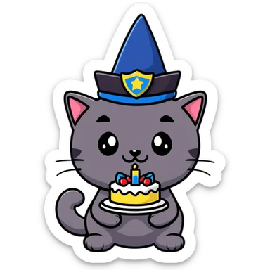 black cat police chief celebrating birthday, wearing birthday hat, smiling, holding cake, cartoon style, suitable for emoji sticker sticker