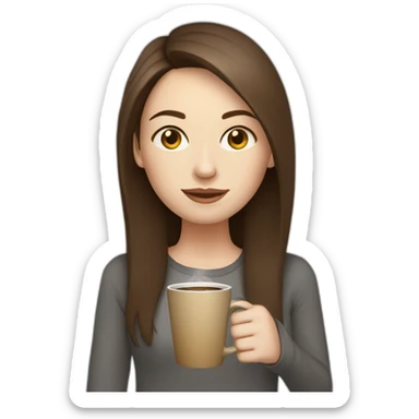 woman with long straight brown hair and pale skin carrying laptop and a coffee mug sticker