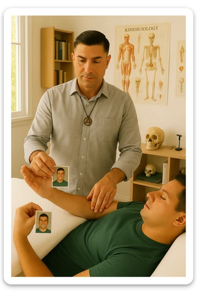 a middle-aged man, dressed in casual professional attire, is in a bright, organized therapy studio. Durante una visita di kinesiologia, il ragazzo tiene con una mano la foto di una persona lontana (il “testimone”) tiene la foto in mano, mentre con l’altra mano esegue un test muscolare su un cliente presente senza foto lui non tiene la foto. Sullo sfondo si vedono libri di kinesiologia, poster anatomici e strumenti tipici della disciplina. L’atmosfera è concentrata e serena, con luce naturale che entra dalla finestra, sottolineando l’aspetto alternativo e umano della pratica. sticker