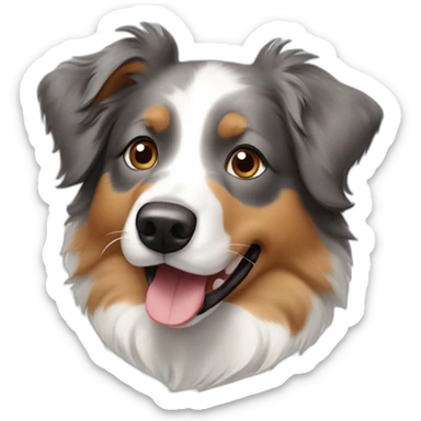 Australian shepherd dog with grey, white and light brown markings sticking it's tongue out sticker