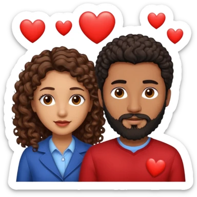 pareja de Mujer morena rizada cabello largo castaño ojos oscuros y hombre blanco con cabello negro corto con barba y ojos marron alrededor de la pareja corazones sticker