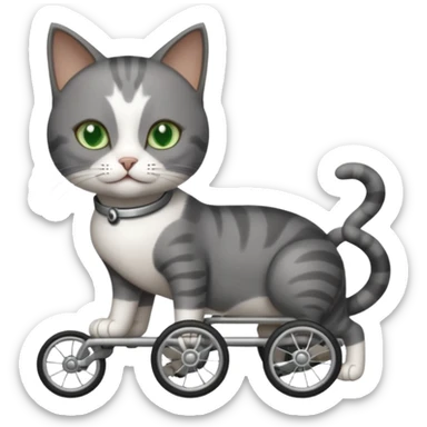 full body small short hair dark grey and white cat with green eyes walking in a wheelchair for cats sticker