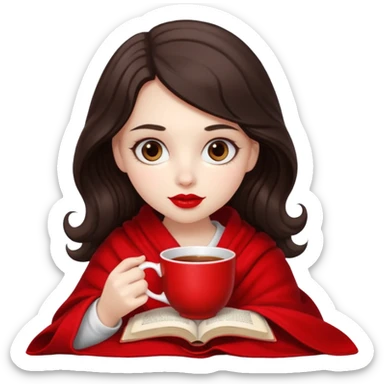 Long wavy dark brown haired, white skinned, dark big eyed girl with red lipstick wrapped in a red blanket, sipping tea and reading a book sticker