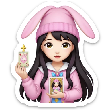 pixel art chibi asian girl with dark long hair in pink bunny hat magical girl with kawaii tarot cards thrown in air pixel emoji sticker