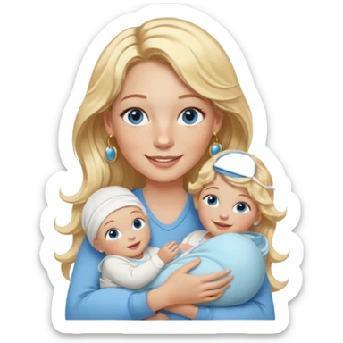 Wavy blonde, white woman with blue eyes, freckles hoop earrings, holding babies smiling and really cute in gold hoops she needs to be holding three newborns, and she needs to be more cute than pretty sticker