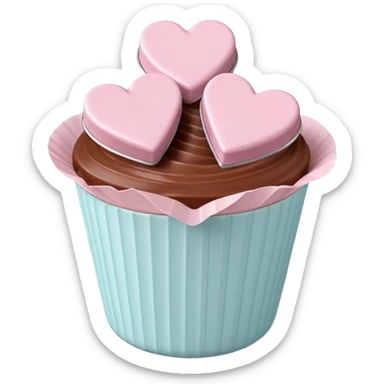 Two glossy square milk chocolate pralines placed diagonally, each in a white ridged paper cup, topped with a soft pastel pink heart icing with subtle sugar sparkle.
Cute minimal emoji-style, realistic and polished, clean studio lighting, pure white background, smooth 3D render, high resolution. sticker