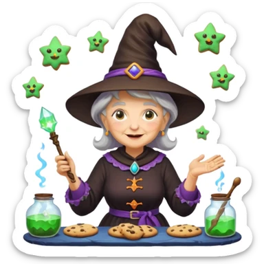 Portrait of a witch-like grandma with a glowing wand, enchanted cookies flying through the air, mystical kitchen with potion bottles, emoji-style sticker
