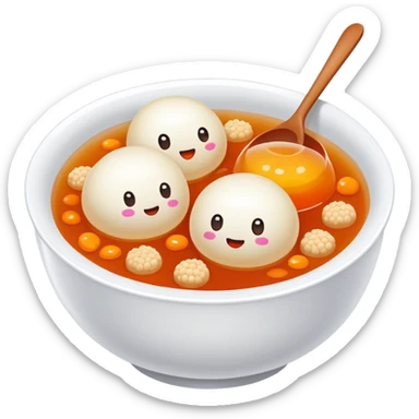 Sweet glutinous rice balls in syrup bowl with sesame, simplified emoji style with bold outlines and bright colors, cartoon style Tangyuan dessert snack sticker