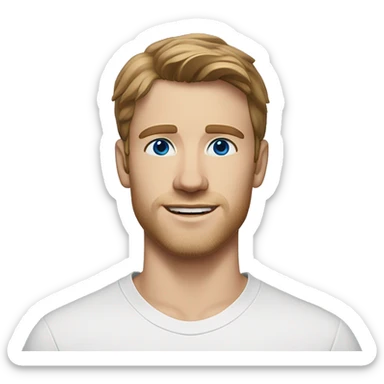 A head and shoulders shot of a 22 year old white man, with short brown hair, with stubble facial hair,   with blue eyes wearing a t-shirt. sticker