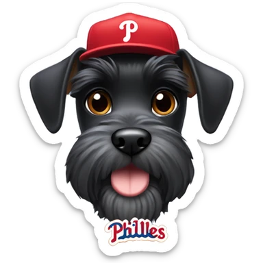 A mini black schnauzer dog wearing a Philadelphia Phillies hat  sticker