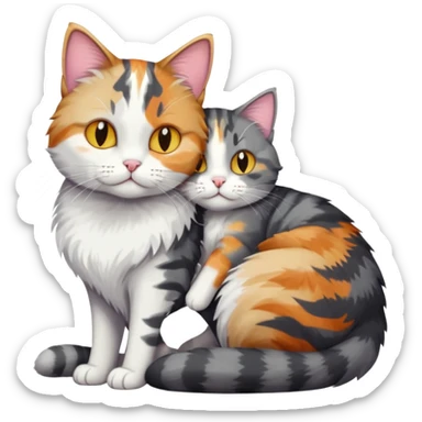 full body colourful light patched calico + white tabby cat cuddling a bigger cat that is dark grey and white tabby cat  and they are in love sticker