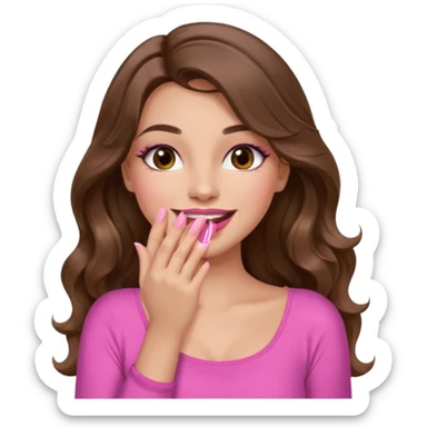 girl with long wavy brown hair, brown eyes, long lashes makeup, pink lips, light to medium complexion, pink sexy top, smiling, hand covering the mouth, giggling sticker