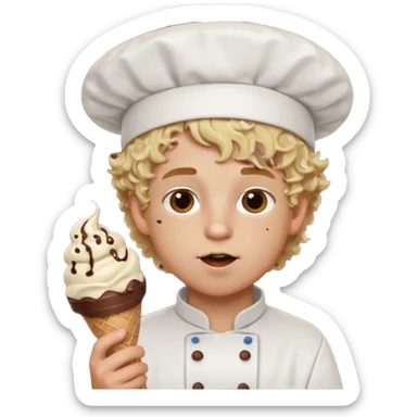 boy blonde curly hair, chef, eating chocolate ice cream sticker
