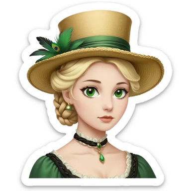 lady with Pale complexion, sharp features, high cheekbones, Blonde hair, usually styled in regancy braided updo, green eyes accessorized with a feathered hat, old england style sticker
