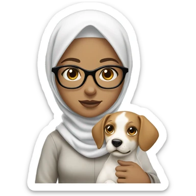 White hijab girl with white skin color, and with glasses on holding a dog sticker