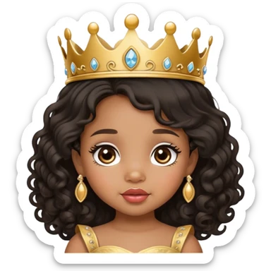 princess, medium brown skin tone, very adorable toddler, with big plump lips, long long lashes, black curly long hair, brown eyes, gold tiara sticker