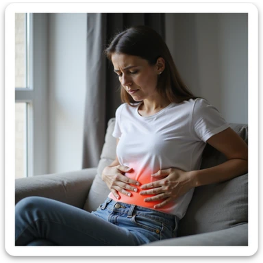 adult woman, photorealistic, abdominal pain, sitting on sofa with hands on abdomen, downcast expression, natural light, home background sticker