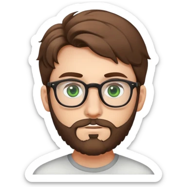 Young man with slightly curled brown poofy hair, green eyes wearing glasses, wide face with eyes set apart, bigger ears, and stubble but not a full beard sticker