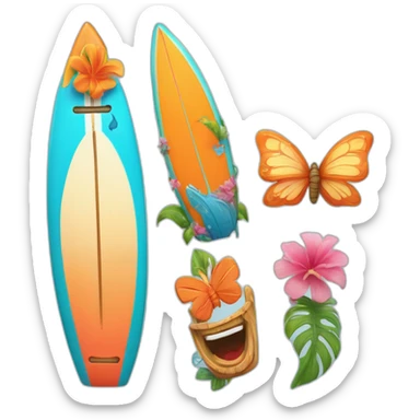 A surfboard Cartoon Blue and orange tiki smiling with butterfly and and Cartoon Blue and pink tiki singing with butterfly and mikrophone sticker