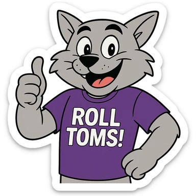 Make Tommie the Tomcat look more cartoonish, smiling and giving a thumbs up, keeping the purple t-shirt with 'Roll Toms!' text, no background. sticker