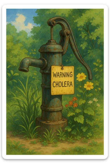 a Ghibli-style water pump with a warning sign about cholera sticker