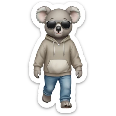 anthropomorphised koala full body wearing a hoodie and jeans dark sunglasses walking sticker