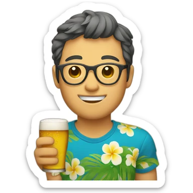 Japanese wearing glasses alohashirt is holding beer sticker
