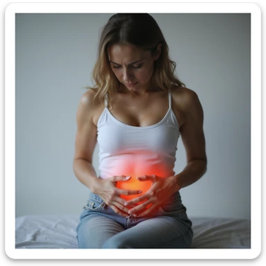 seated woman with painful expression, hands on abdomen, intestinal area highlighted with redness, hyperrealistic 4K details, vertical 9:16 format, neutral background sticker