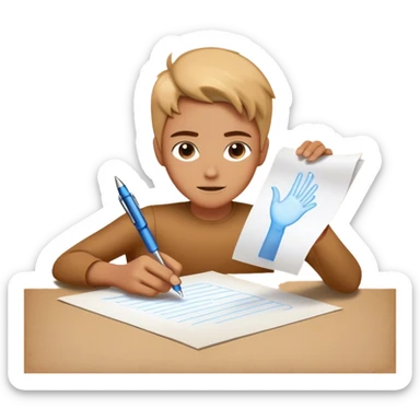 A future self, slightly translucent and glowing, reaches out from a paper, extending a pen toward the present self. The gesture is firm yet encouraging, symbolizing the act of breaking free from procrastination and taking control. The paper represents the unfinished task, and the glowing exchange s sticker