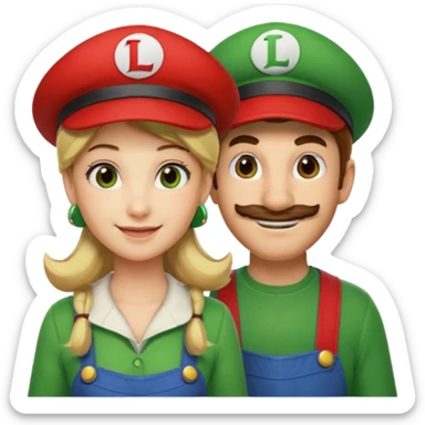 blonde female Luigi (with the Luigi green hat with an L on it) and a normal brown hair male Mario with the red hat with a M on it. They are friends just smiling. This video game sticker