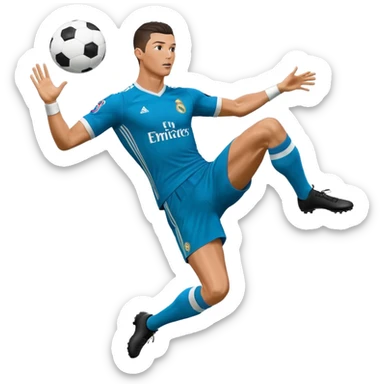 Ronaldo doing a bicycle kick with football in mid air While wearing a Retro blue Real madrid kit and yes i want it to be exactly the same as he Scored it in 2018 vs Juventus  sticker