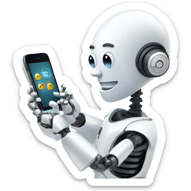 fancy stylish techy ai assistant robot typing a message a message on his iphone while greeting with his smile sticker