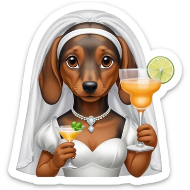 Dachshund with bridal veil and cocktail sticker
