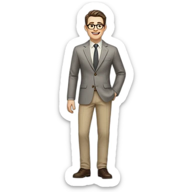 Joyful Full height Pale skinned Fit Man With dark brown hair in gray classic jacket, beige office shirt, Brown pants and vintage glasses. His thrumbs up sticker