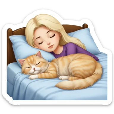 pretty girl with dark long hair sleeping with blonde fluffy  persian cat in bed sticker