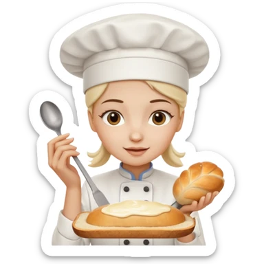 Young female baker - white chef hat, squeezing white cream pattern on bread sticker