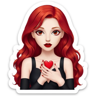 a pretty woman with long red hair and red eyes. The woman wear a black little cutted dress. She have red lipstick and she have a seductive look. She do a heart shape with her fingers sticker