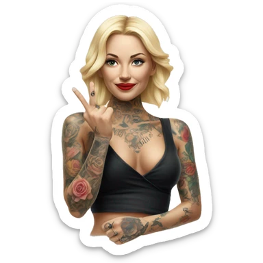 Blonde elegant women, her Body Covered with Tattoos, POINTING YOU FORWARD with her HAND , Hyper realistic sticker