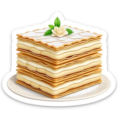 Cinematic delicate mille-feuille, thin crispy pastry layers filled with smooth vanilla cream, dusted with powdered sugar, elegant presentation, highly detailed and sophisticated. sticker